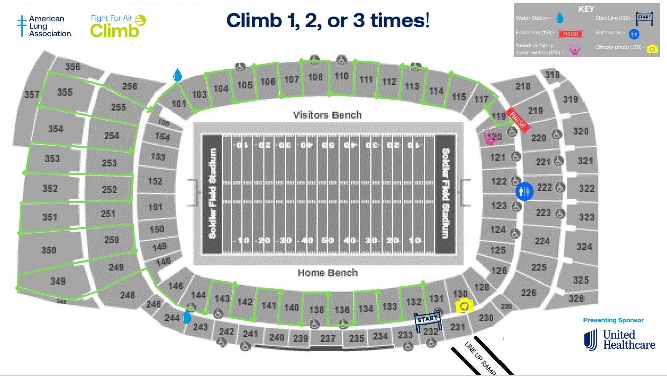 Map of the 2025 American Lung Association Fight for Air Climb route at Soldier Field in Chicago