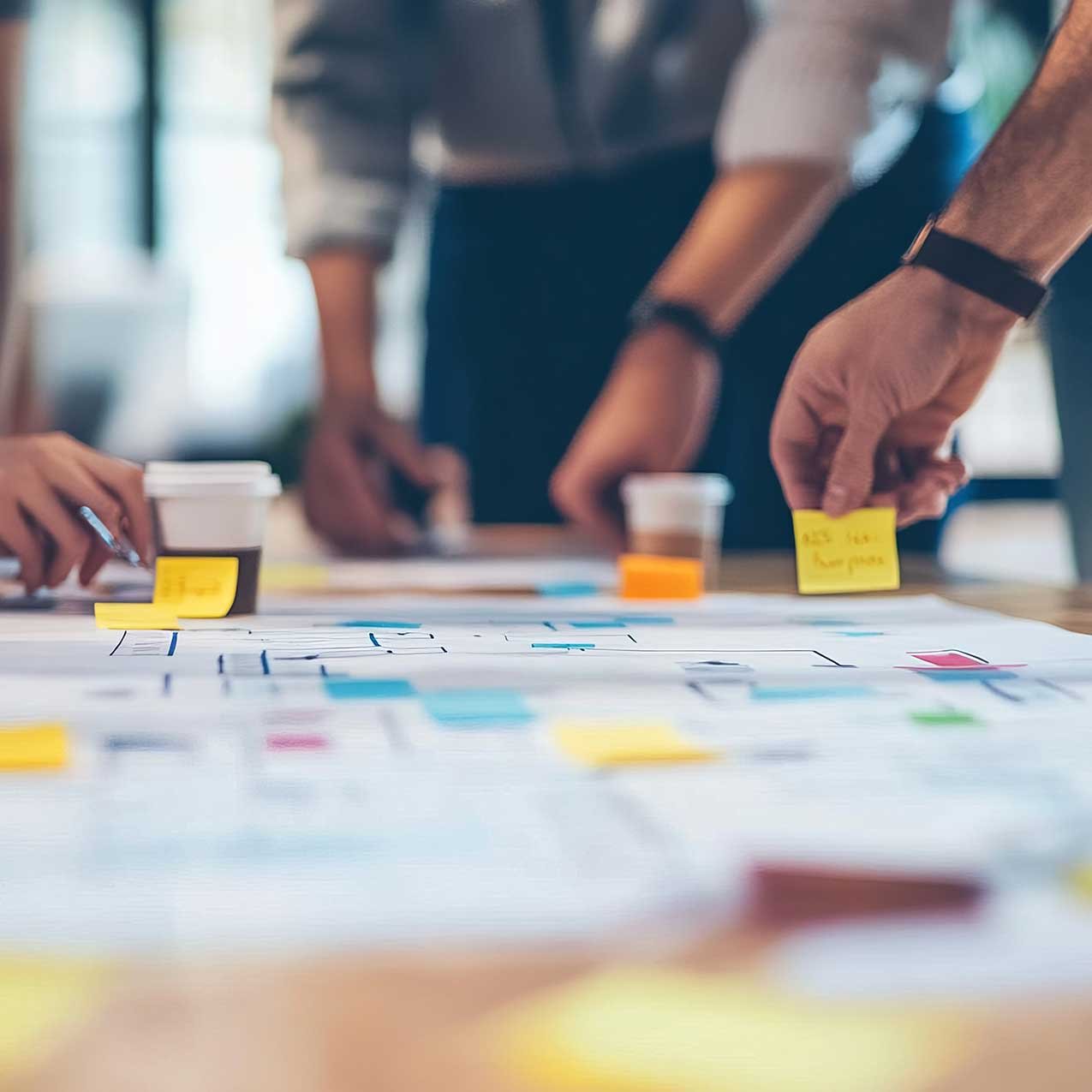 Close-up of a team collaborating on a customer journey map using sticky notes and printed diagrams