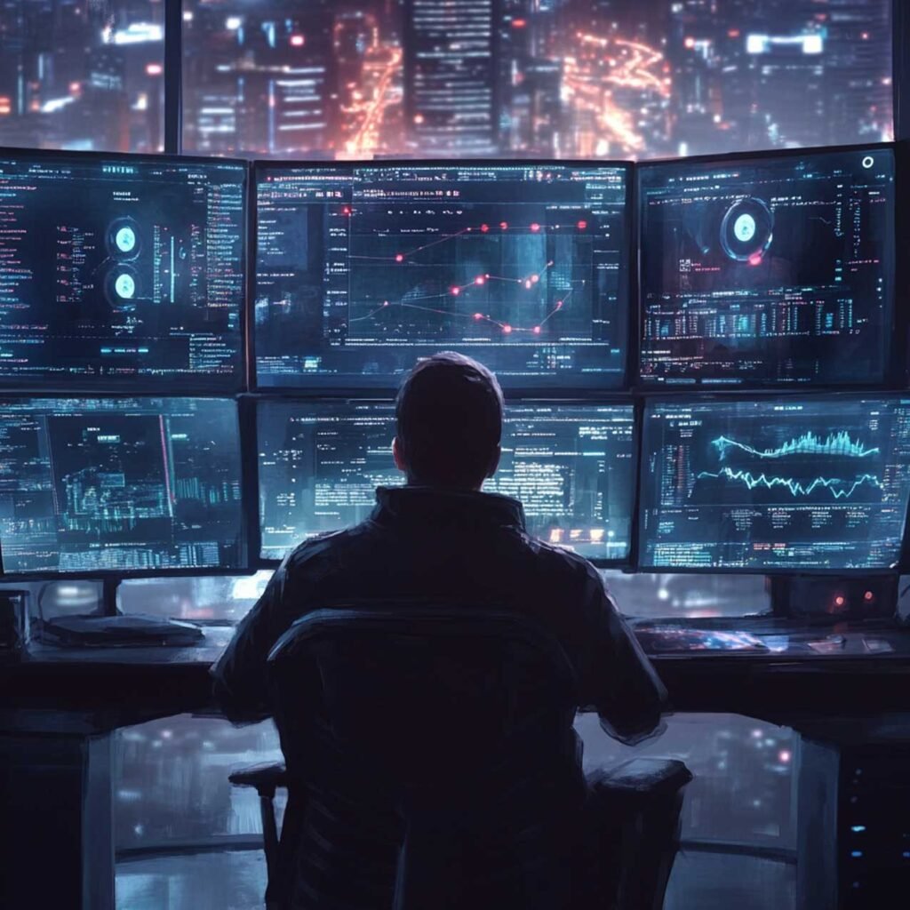 Person monitoring multiple data dashboards in a dark room overlooking a cityscape, symbolizing data overload and metric obsession