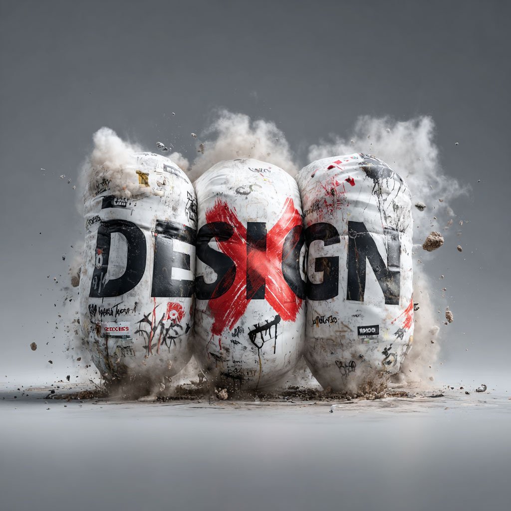 Three exploding spray-painted barrels with the word “DESIGN” across them and a bold red X over the center, symbolizing disruption in traditional aesthetics